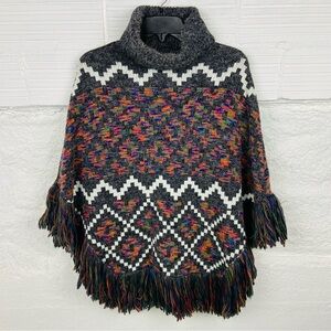 MODENA gray multi colored chunky knit cowl neck fringe poncho size one size